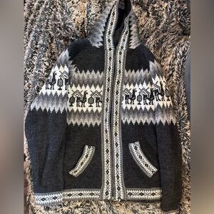 Men's Wool Charcoal Zip-Up Sweater with Llamas - handmade in PERU